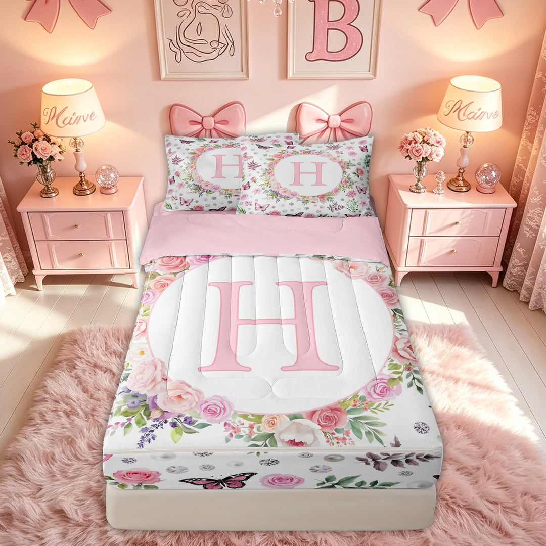 meiyoeat Pink Floral Butterfly Letter H Zipper Comforter Set with Fitted Sheet and 2 Pillowcases for Girls, Cute Monogram Zipper Bedding Set, Pink Reversible, 3pcs