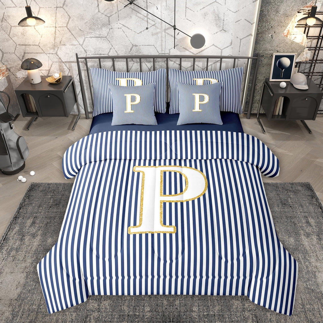 Erosebridal Fashion Letter P Twin Bedding Sets 7-Piece for Kid, Blue Cartoon Line Bedding Comforter Set