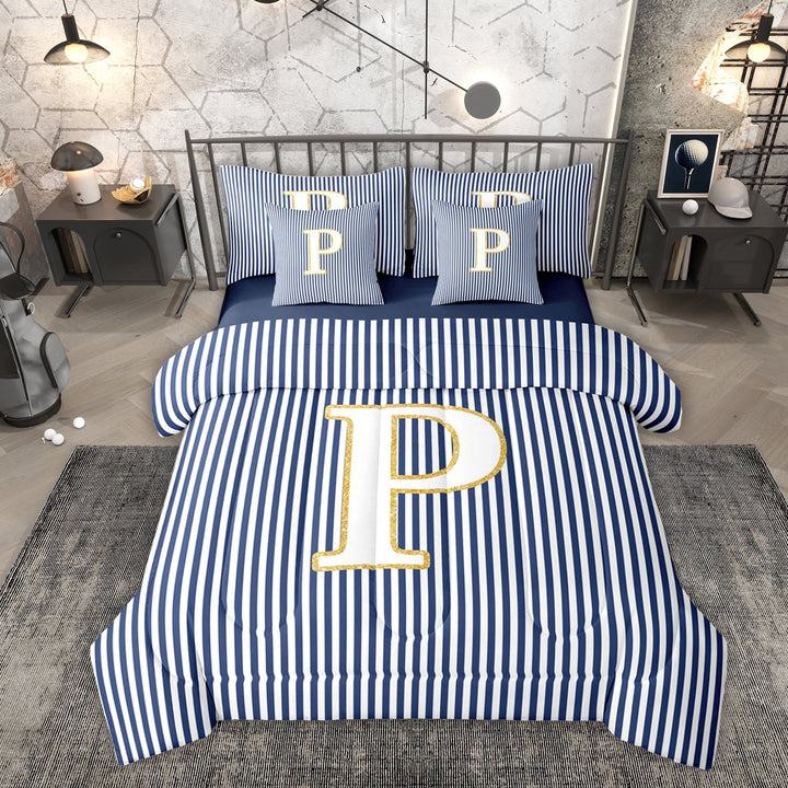 Erosebridal Fashion Letter P Twin Bedding Sets 7-Piece for Kid, Blue Cartoon Line Bedding Comforter Set