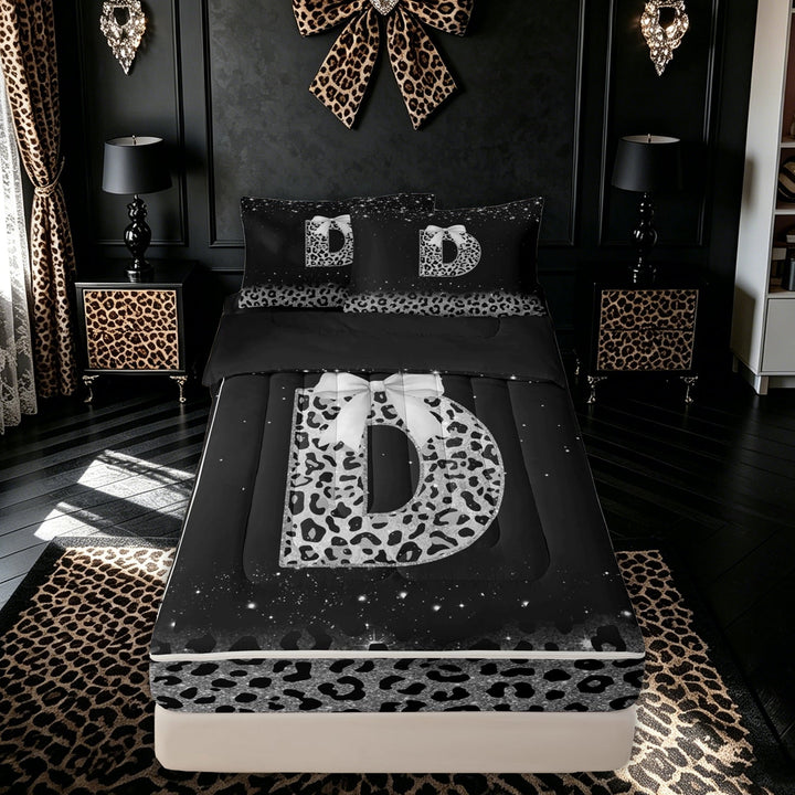 meiyoeat Leopard Print Bow D Initial Zipper Comforter Set with Fitted Sheet and 2 Pillowcases for Women, Sparkly Glitter Monogram Zipper Bedding Set, Black Silver, Black Reversible, 3 Pieces