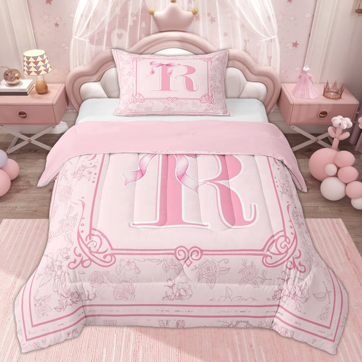 Erosebridal Pink Initial Letter R Twin Comforter Sets, Vintage Bowknot Flower Bedding Set, 2-Piece