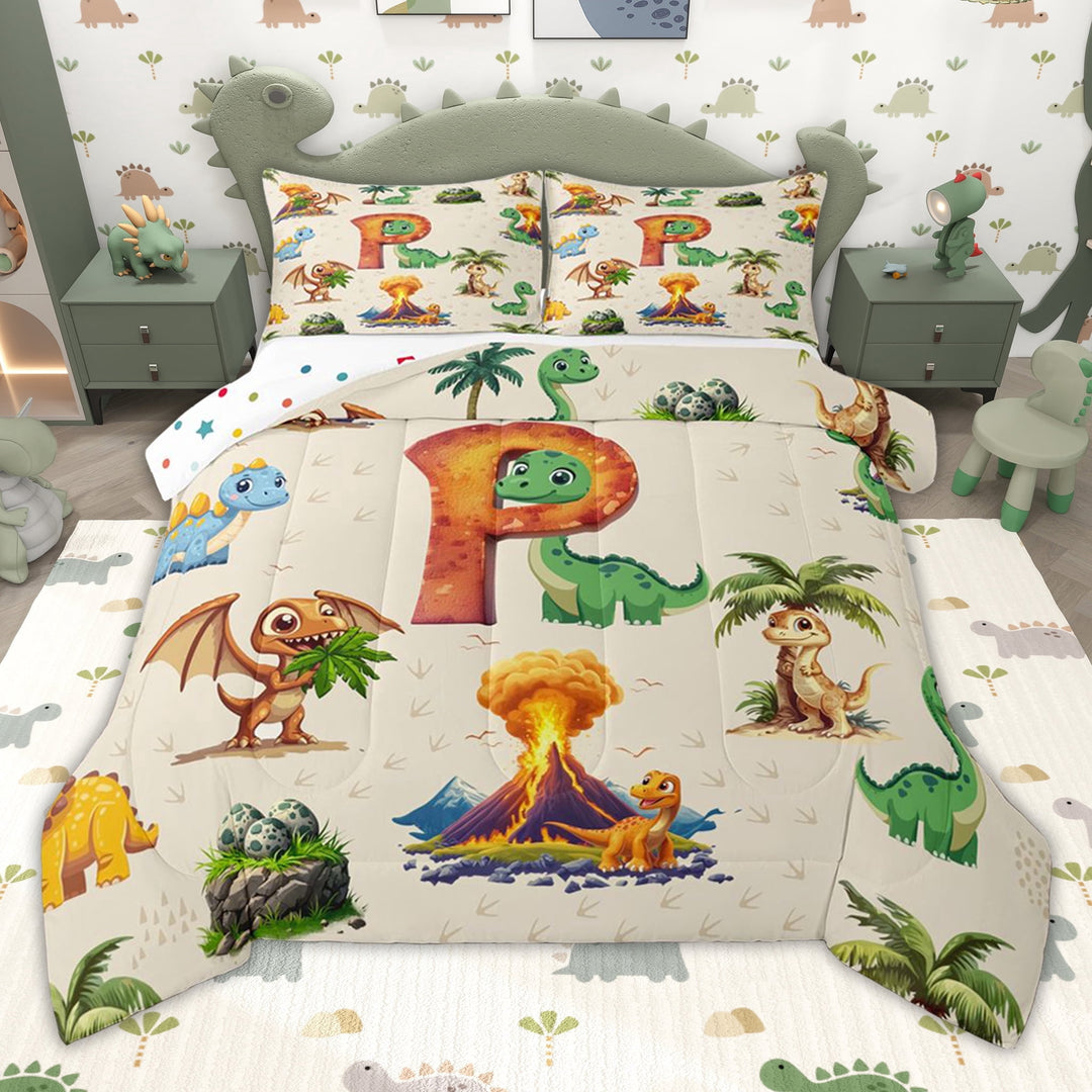 Erosebridal Cartoon Green Dinosaur Twin Comforter Sets for Kids, Cartoon P Letter Bedding Set, Polka Dots Reversible, 2 Pieces