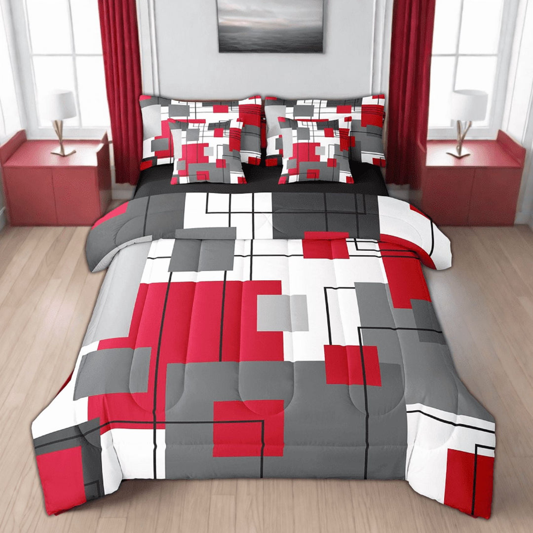 Erosebridal Black Grey Red Comforter Set 7 Piece Full Geometry Square Bed In A Bag With Sheets Adults Modern Abstract Geometric Stripes Bedding Set Black Line Bed Set White