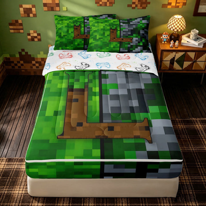 meiyoeat Vintage Game Letter L Zipper Full Size Comforter Sets with Fitted Sheet and 2 Pillowcases for Girls Boys, Pixelate Miner Zipper Bedding Set, Green Brown, Gamepad Reversible, 4 Pieces