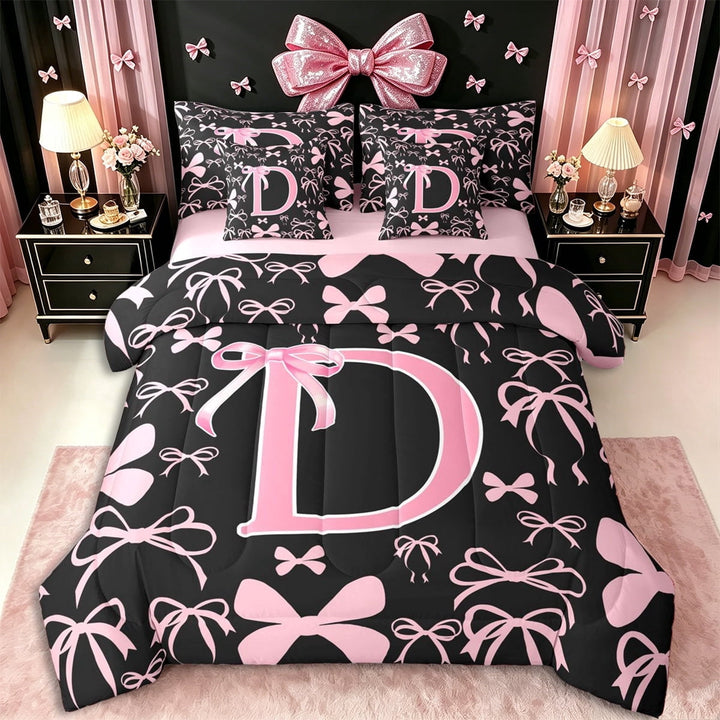 Erosebridal Ribbon Bow Knot D Personalized Initial Twin Bedding Sets 7-Piece,Black Pink Bow Tie Bedding Comforter Set,Pink Reversible,Ultra Soft Home Decor
