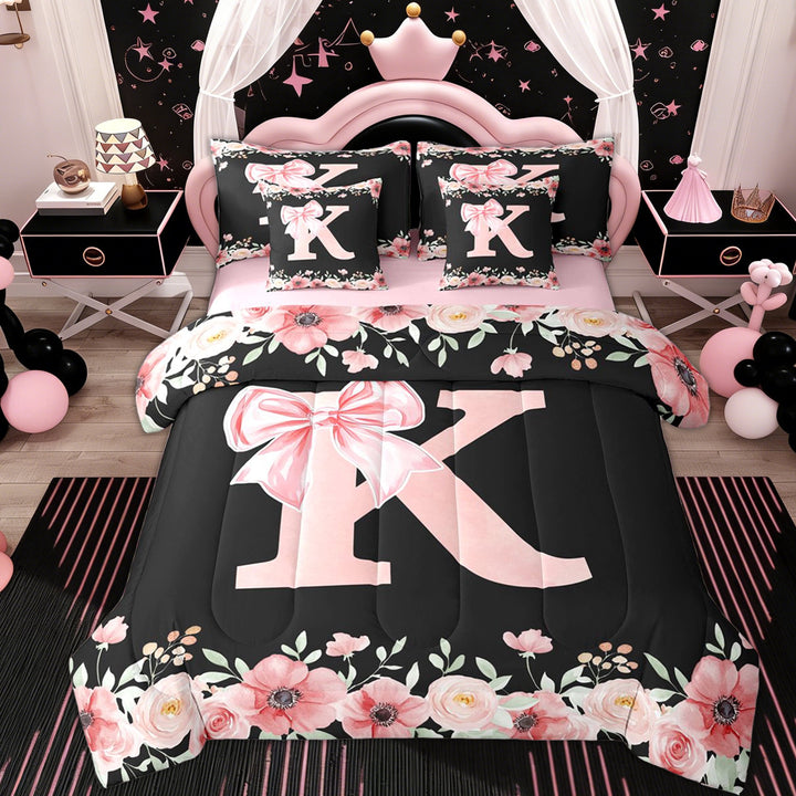 Erosebridal Princess Bow K Twin Bedding Sets 7-Piece, Spring Flower Bedding Comforter Set, Pink Reversible
