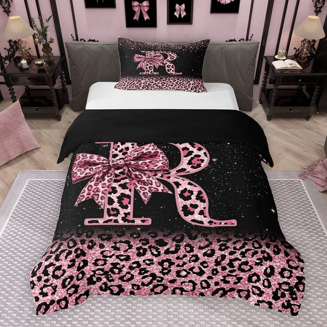 Erosebridal Cute Pink Leopard Print Twin Bedding for Girls, Bowknot Letter R Duvet Cover Set, Black Reversible 2-Piece, 1 Duvet Cover and 1 Pillowcase (No Comforter)