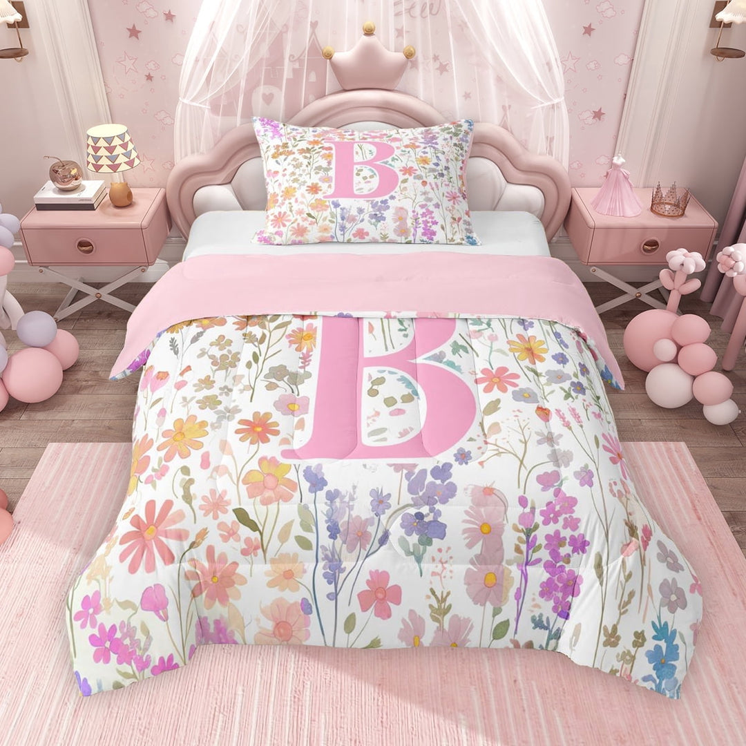Erosebridal Erosebridal Girls Pink Floral Twin Comforter Sets, Garden Flower Bedding Set, Monogrammed B, Pink Reversible, 1 Comforter and 1 Pillowcase