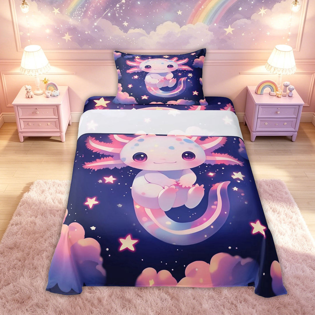 meiyoeat Kawaii Axolotl Bed Sheets for Kids Girls, Galaxy Star Cloud Full Size Sheets for Bedroom, Pink Blue, 4 Pieces