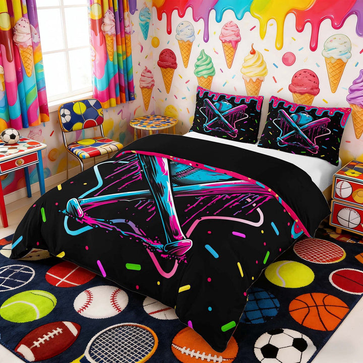 Erosebridal Dripping Baseball Bats Duvet Cover Set, Sport Bedding Full for Boys and Girls, Black Reversible 3-Piece, 1 Duvet Cover and 2 Pillowcases