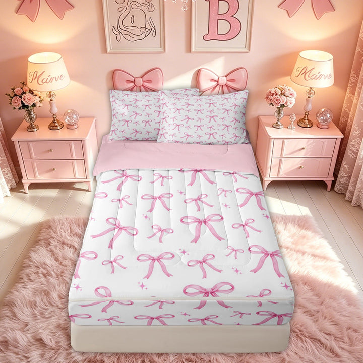 meiyoeat Watercolor Bow Zipper Twin Comforter Sets with Fitted Sheet and 2 Pillowcases for Girls Kids Women, Cute Star Print Zipper Bedding Set, Pink White, Pink Reversible, 4 Pieces