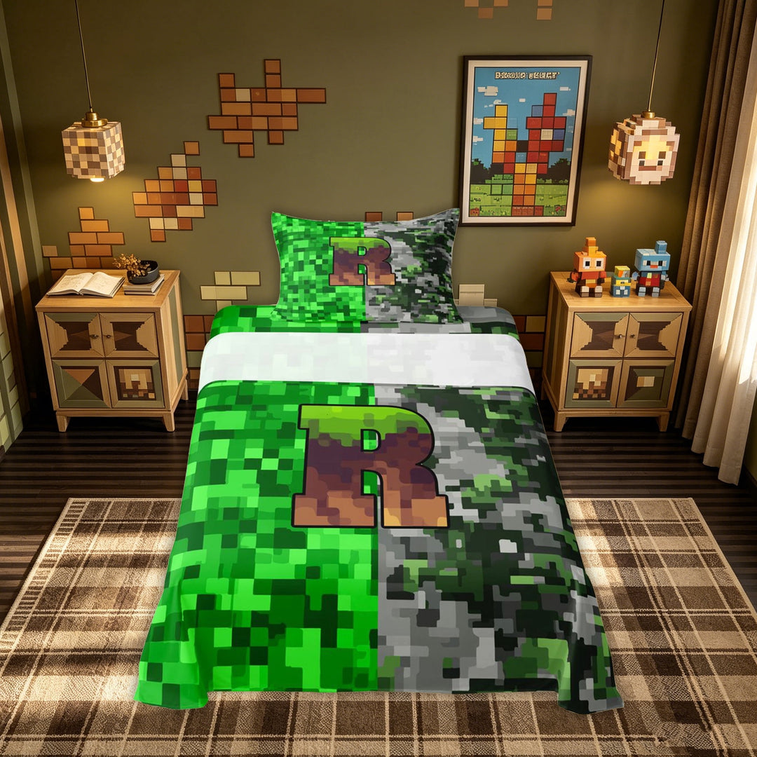 meiyoeat Pixel Grass R Initial Bed Sheets for Boys, Gamer Block Monogram Full Size Sheets, Green Brown, Gamepad Reversible, 1 Flat Sheet, 1 Fitted Sheet and 2 Pillowcases