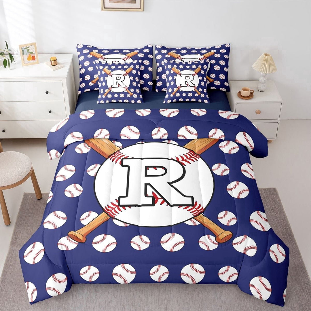 Erosebridal Baseball Gamer R Personalized Initial Twin Bedding Sets 7-Piece for Boys Girls,Sport Theme Bedding Comforter Set for Teens,Navy Blue Reversible,Lightweight Room Decor