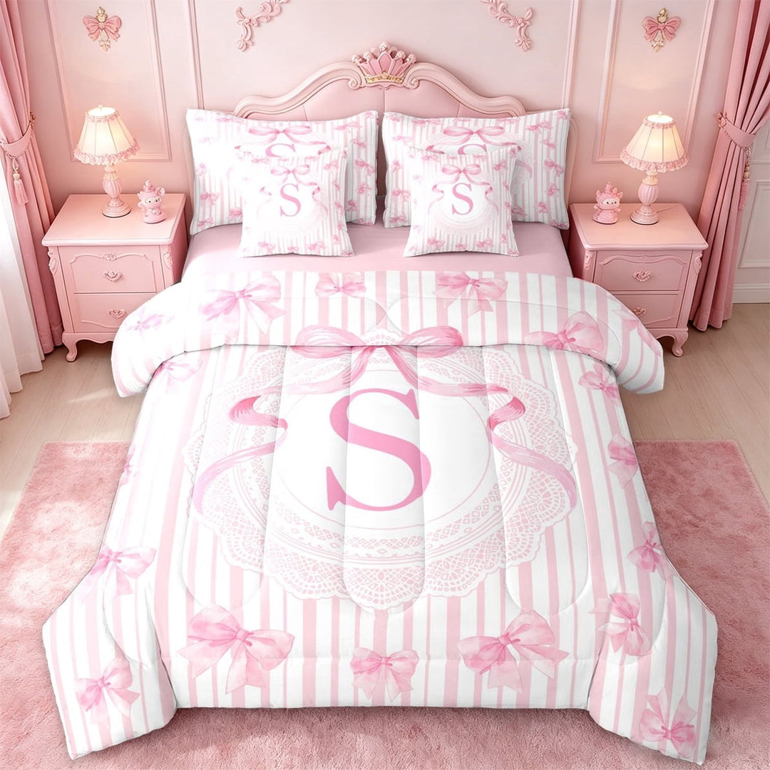 Manfei S Initial Lettering 7 Pieces Bedding Comforter Set For Girl,Soft Ribbon Bowknot Full Bedding Set For Kids,Pink Reversible