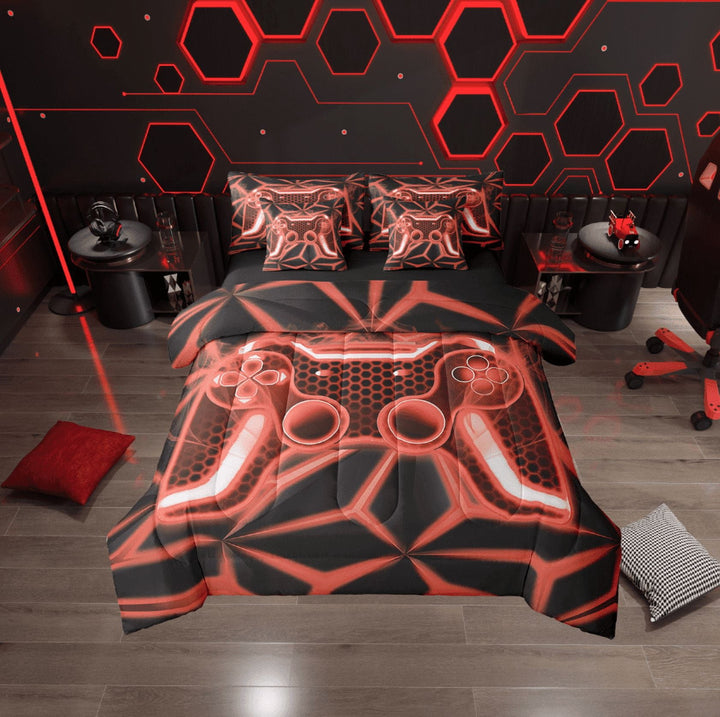 Erosebridal Teens Gamepads Bedding Sets Twin Size,Black Orangered Comforter Sets with Sheets,Video Game Bed in a Bag Twin size,Breathable Geometric Room Decor,Reversible,7pcs