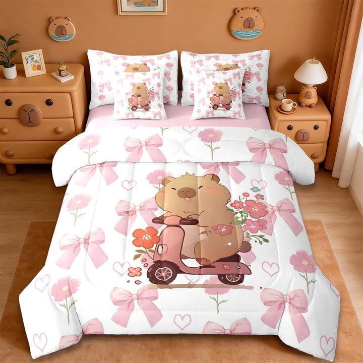 Erosebridal Brown Cartoon Capybaras 7-Piece Twin Bedding Sets,Funny Mouse Rodent Animal Bedding Comforter Set For Kids ,Reversible Pink