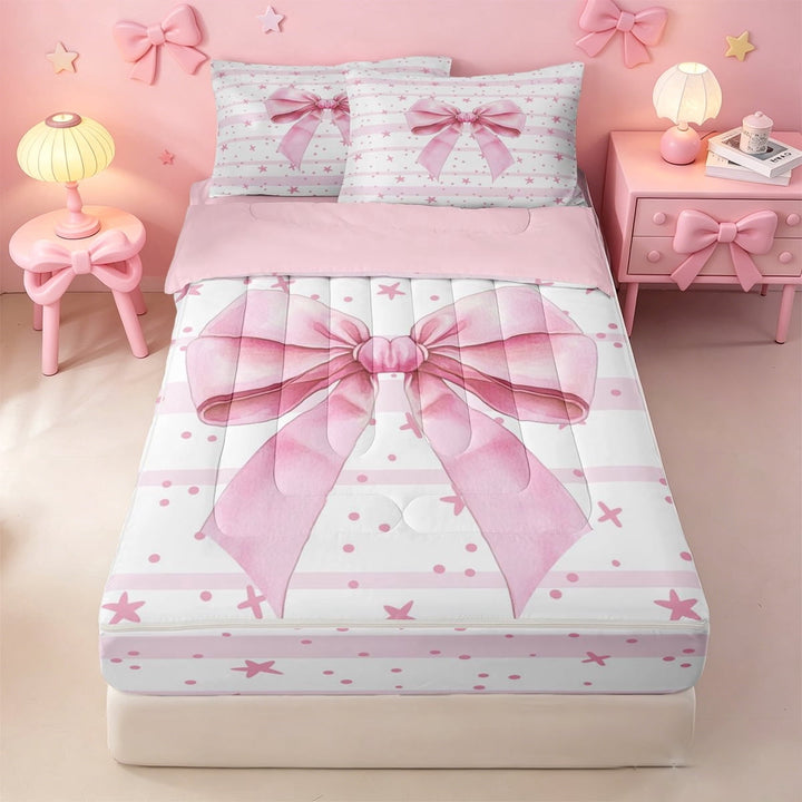meiyoeat Pink Coquette Bow Zipper Twin Comforter Sets with Fitted Sheet and 2 Pillowcases For Girls,Cute Polka Dots Stars Zipper Bedding Set For Kids,Pink Reversible,4-Piece