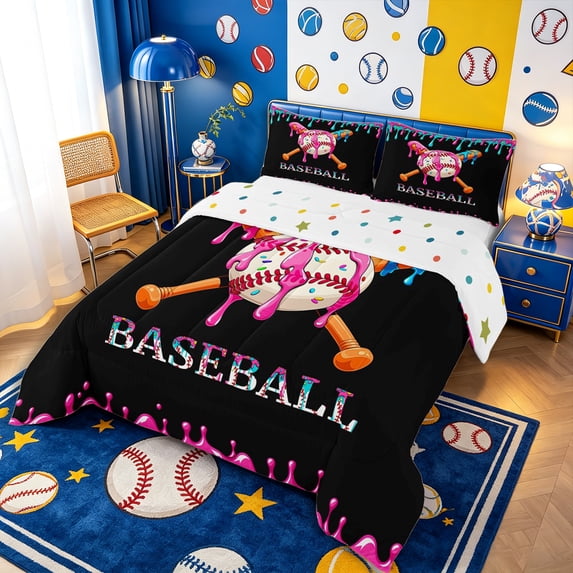 Meiyoeat Sport Baseball Full Size Comforter Sets 3-Piece,Ice Cream Drip Bedding Comforter Set,Pink Blue Black,Reversible,1 Comforter and 2 Pillowcases,1 Comforter and 2 Pillowcases