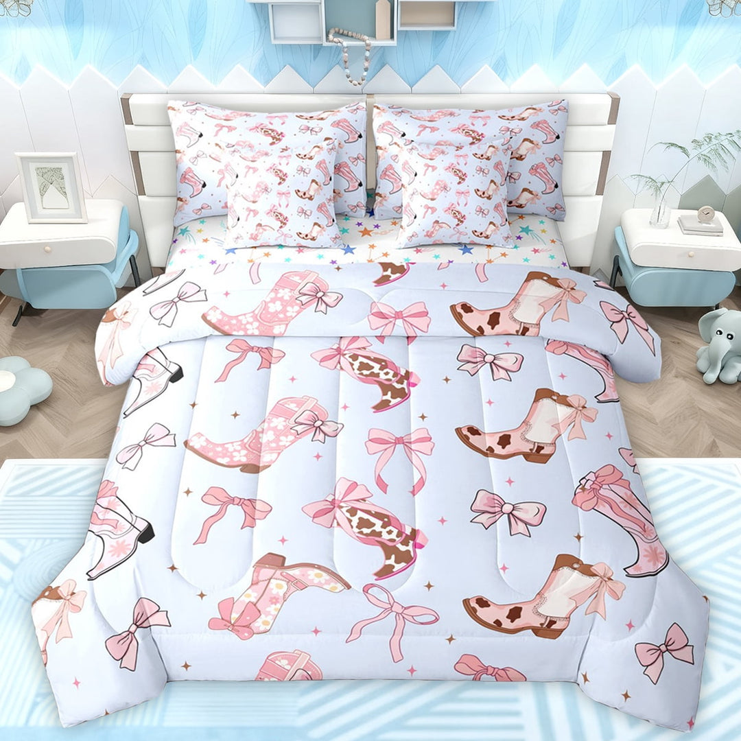Manfei Cowgirl Cowboy Kids Bedding Comforter Set 7pcs, Cute Princess Bowknot Ribbon King Bedding Sets, Cartoon Star Print Reversible Bed Sheets, Luxury Bedroom Decor