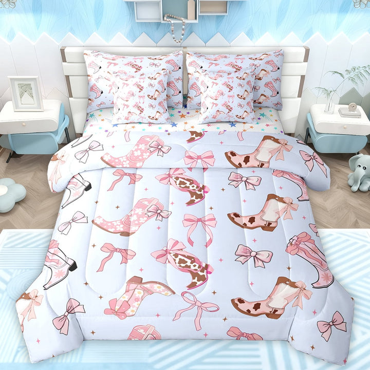 Manfei Cowgirl Cowboy Kids Bedding Comforter Set 7pcs, Cute Princess Bowknot Ribbon King Bedding Sets, Cartoon Star Print Reversible Bed Sheets, Luxury Bedroom Decor