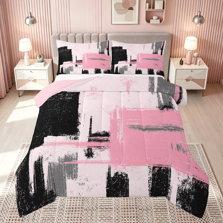 meiyoeat Abstract Brushstroke Print Full Size Comforter Sets for Kids Girls, Modern Art Paint Bedding Comforter Set, Pink Black, Pink Reversible, 3 Pieces