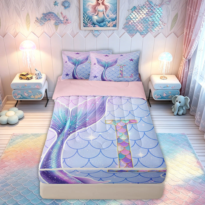 meiyoeat Mermaid Scale Letter L Zipper Twin Comforter Sets with Fitted Sheet and 2 Pillowcases for Kids Girls, Marine Starfish Zipper Bedding Set, Purple Blue, Pink Reversible, 4-Piece