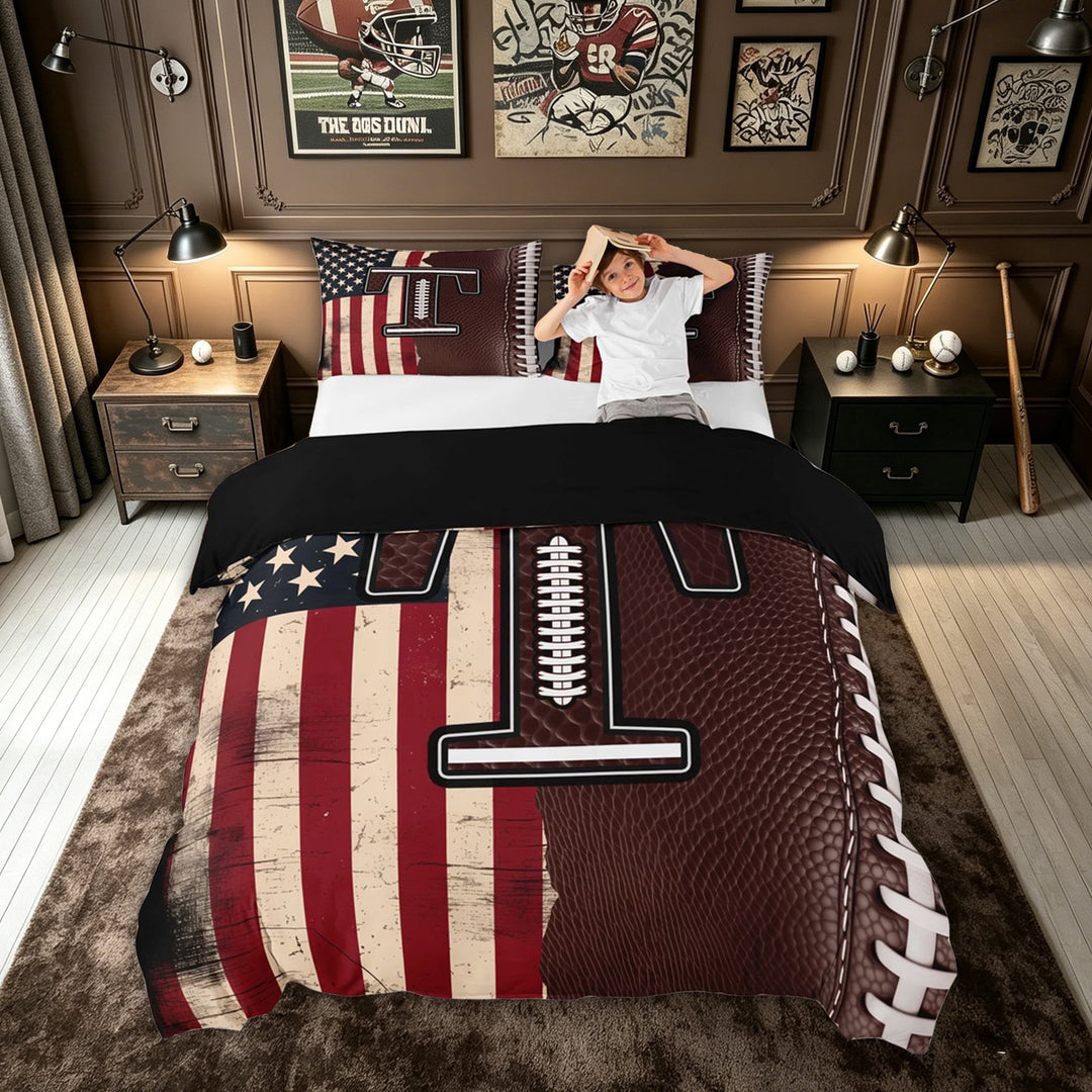 meiyoeat Football Letter T Bedding for Men Boys, US Flag Initial Duvet Cover Full for Game Day, Brown, Black Reversible 3-Piece, 1 Duvet Cover and 2 Pillowcases (No Comforter)