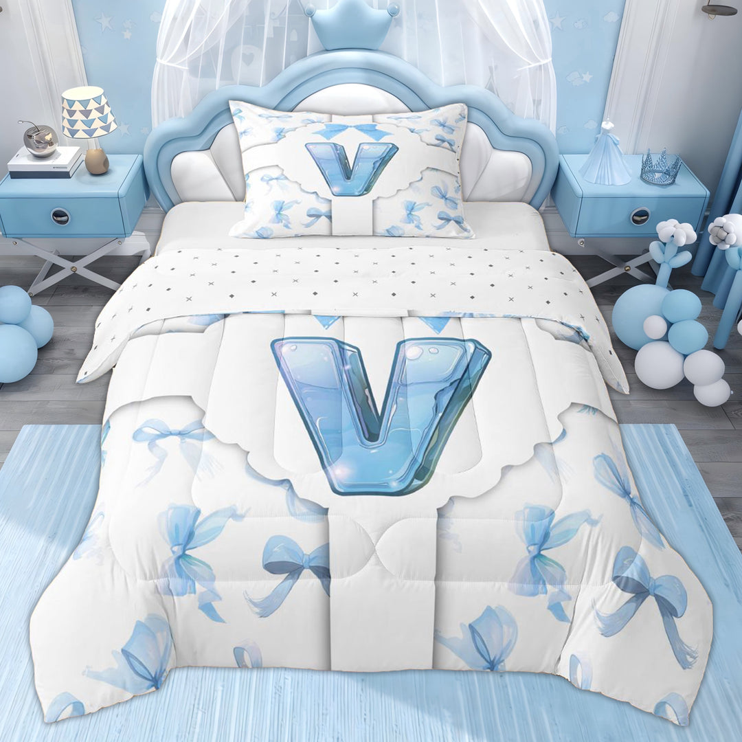 Erosebridal Monogrammed V Kids Twin Comforter Sets, Blue Princess Ribbon Bedding Set, 2pcs