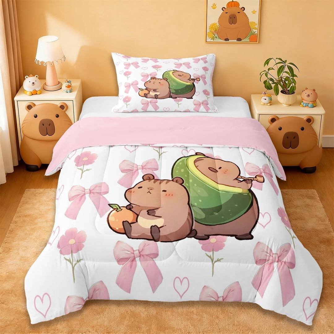 Erosebridal Capybara Rodent Animals Twin Comforter Sets,Cute Flowers Blossom Bedding Set For Kids Teens ,Reversible Pink 2pcs