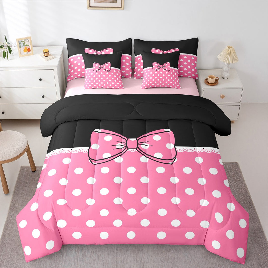 Erosebridal Kawaii Bow Bedding Sets Twin Size for Teens, Polka Dot Comforter Sets with Sheets, Cartoon Bow Decor, Reversible 7pcs