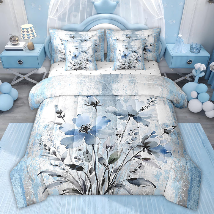 Erosebridal Blue Groovy Bedding King Size for Kids, Watercolor Flower Bed Set, Daisy Floral Bed in a Bag King size, 7pcs