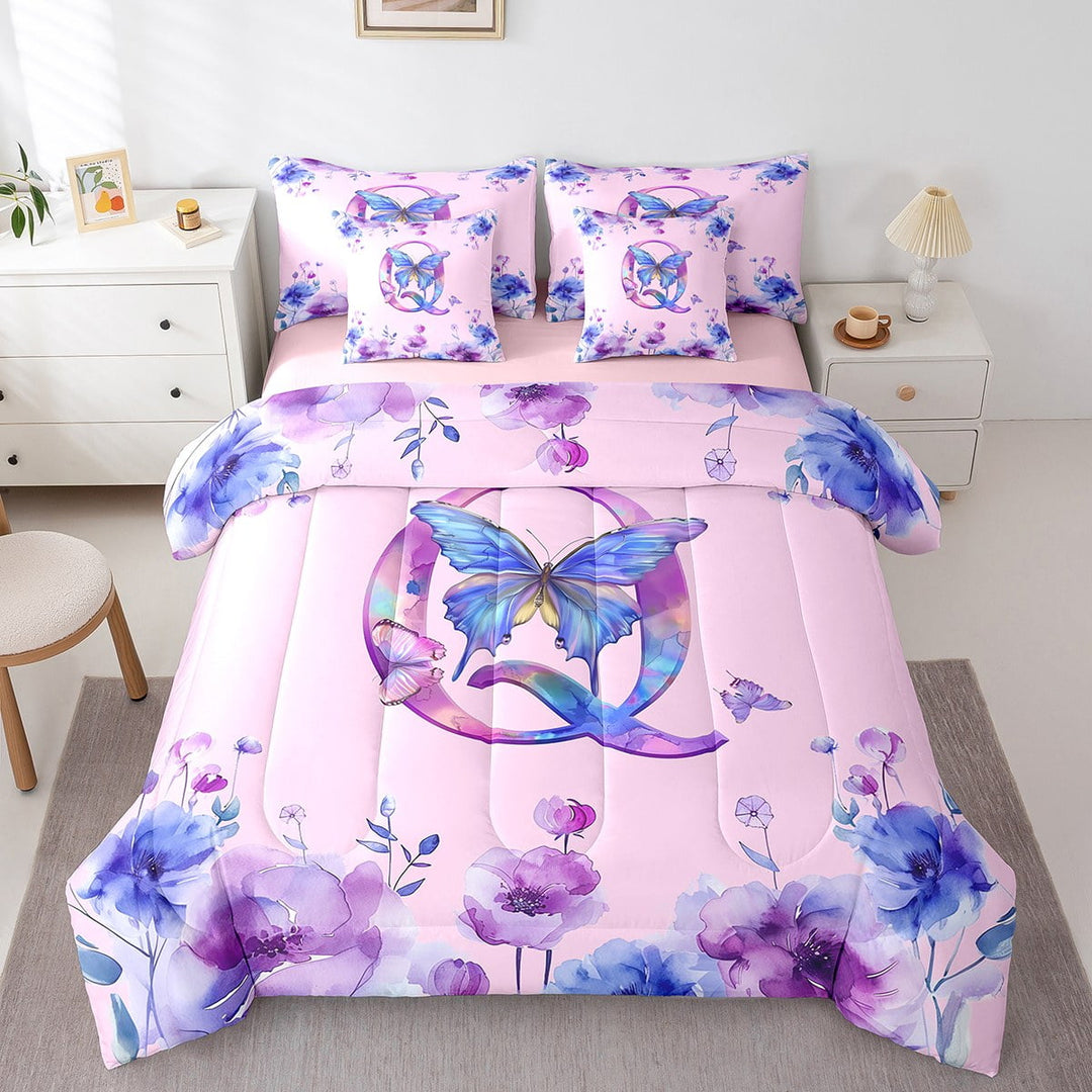 Erosebridal Initial Letter Q Bedding Twin Size,Colorful Butterfly Bed Set,Tropical Botanical Floral Bedding Sets Twin Size,Breathable Bedroom Decor Reversible,7pcs