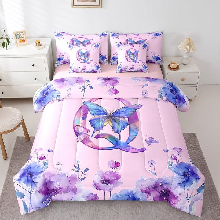 Erosebridal Initial Letter Q Bedding Twin Size,Colorful Butterfly Bed Set,Tropical Botanical Floral Bedding Sets Twin Size,Breathable Bedroom Decor Reversible,7pcs