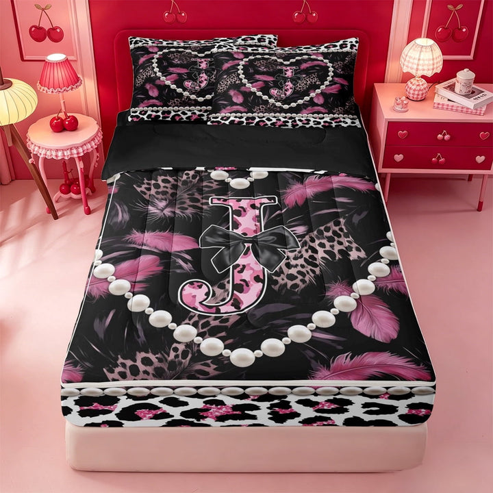 meiyoeat Pink Print Feather Zipper Twin Comforter Sets with Fitted Sheet and 2 Pillowcases For Women,Dreamy Princess Style Alphabet J Zipper Bedding Set For Adults,black Reversible,4 Pieces