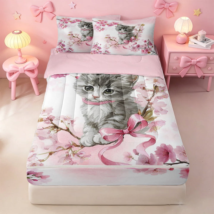 meiyoeat Cherry Blossom Kitten Theme Zipper Twin Comforter Sets with Fitted Sheet and 2 Pillowcases,Gray Cute Cat Print Zipper Bedding Set For Girl,Reversible,4 Pieces