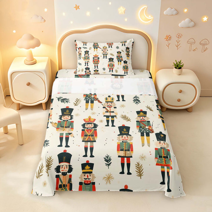Manfei Vintage Nutcracker Soldier Twin Sheets,Festive Christmas Bedding,Beige,3pcs,1 Flat Sheet,1 Fitted Sheet and 1 Pillowcase