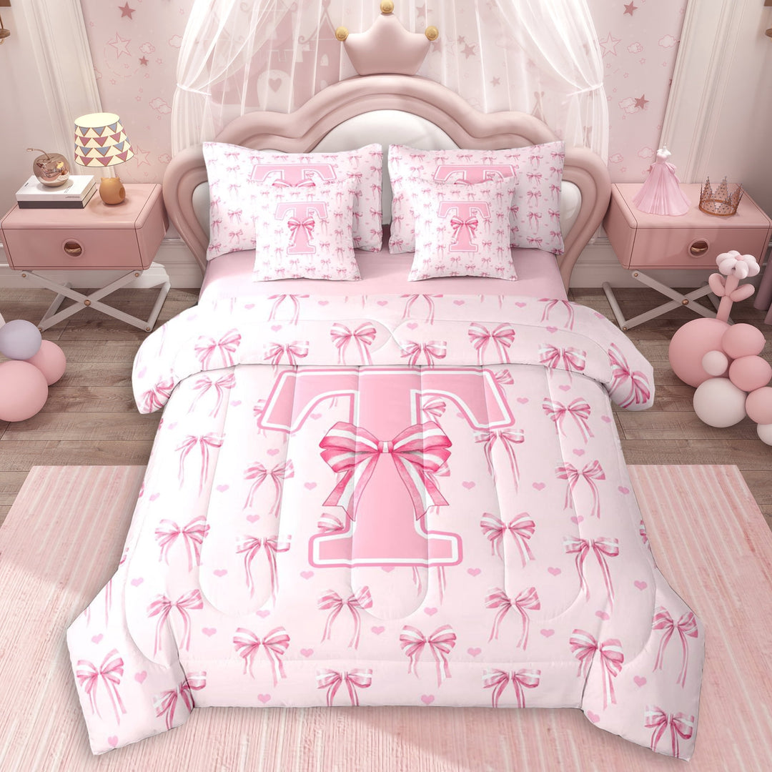 Erosebridal Pink T Personalized Initial Twin Bedding Sets 7-Piece For Girls Teens,Kawaii Ribbon Bow Knot Girl Bedding Comforter Set,Pink Reversible
