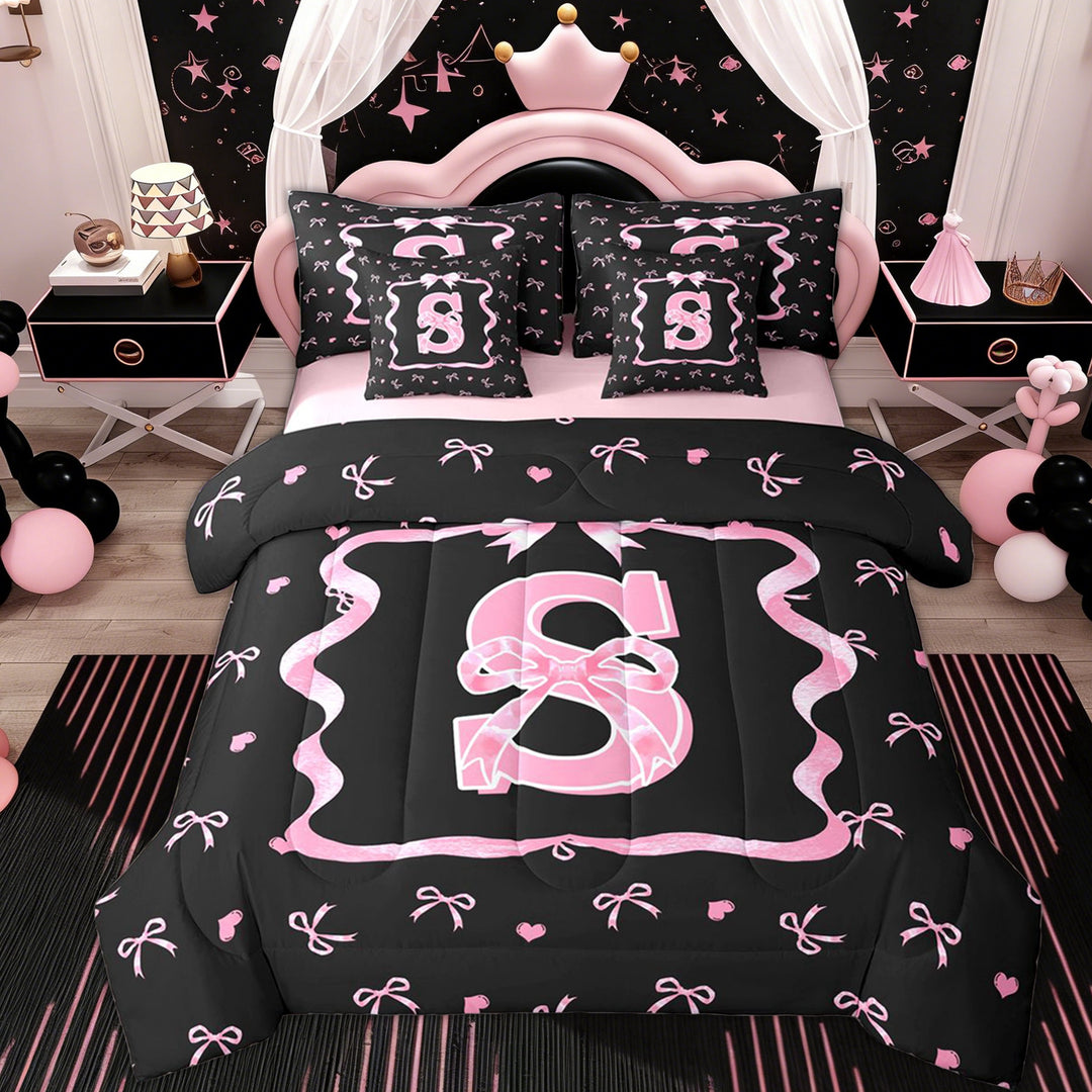 Erosebridal Kid Cute Ribbon Twin Bedding Sets 7-Piece, Initial S Letter Bedding Comforter Set, Pink Reversible