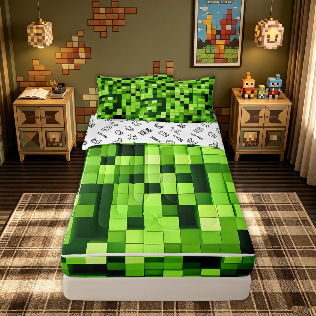 meiyoeat Bright Green Game Block Zipper Twin Comforter Sets with Fitted Sheet and 2 Pillowcases for Kids Boys, Gaming Pixel Zipper Bedding Set for Dorm, Gamepad ReversibleB