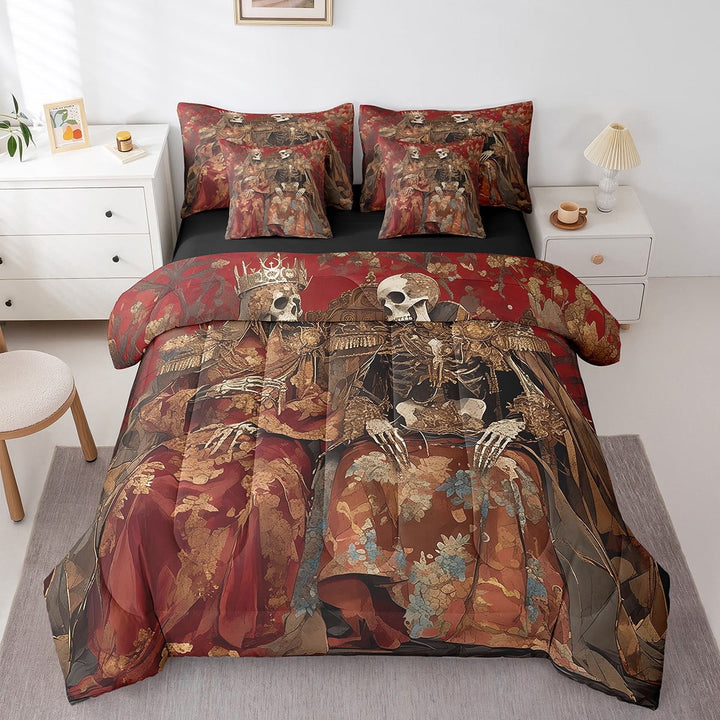 Vintage Valentines Day Bedding Set Queen Size,Exotic Skull Wedding Comforter Set,Gothic Crown Couple (Comforter+Fitted+Flat Sheet+2 Pillowcases+2 Throw Pillow Covers) 7 Pieces Red Bed Set