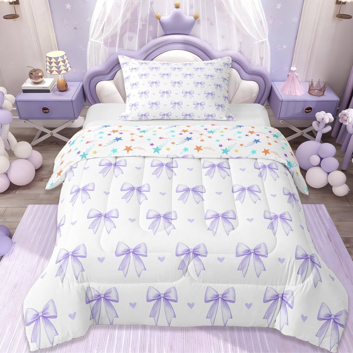 Erosebridal Ribbon Bow Twin Comforter Sets For Girls Teens,Girly Bowknot Bedding Set,White Purple, Reversible 2 Pieces