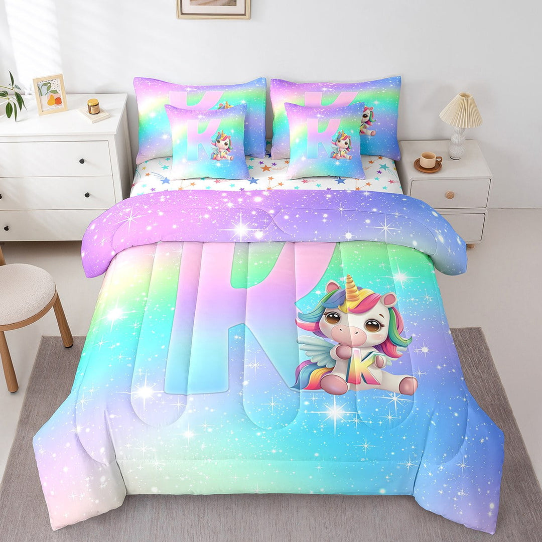Erosebridal Chic Unicorn Bedding Twin Size,Personalized Monogrammed K Bed Set, Buling Stars Bedding Sets Twin Size For Youth Women,Microfiber Bedroom Decor Reversible,7pcs