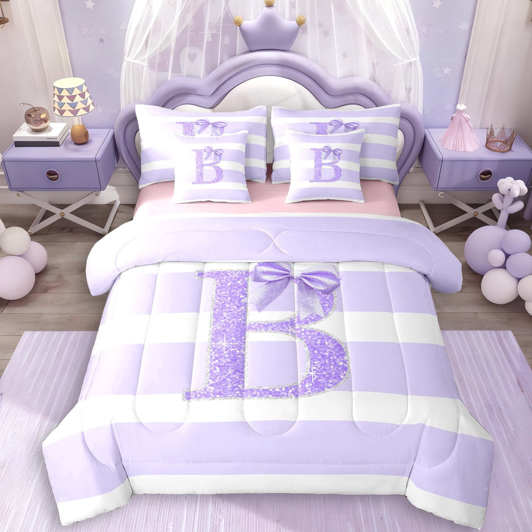 Erosebridal Girls Purple Bow Letter Monogrammed B Twin Bedding Sets 7-Piece,Bling Glitter Print Geometric Stripes Bedding Comforter Set For Children Teens,Pink Reversible
