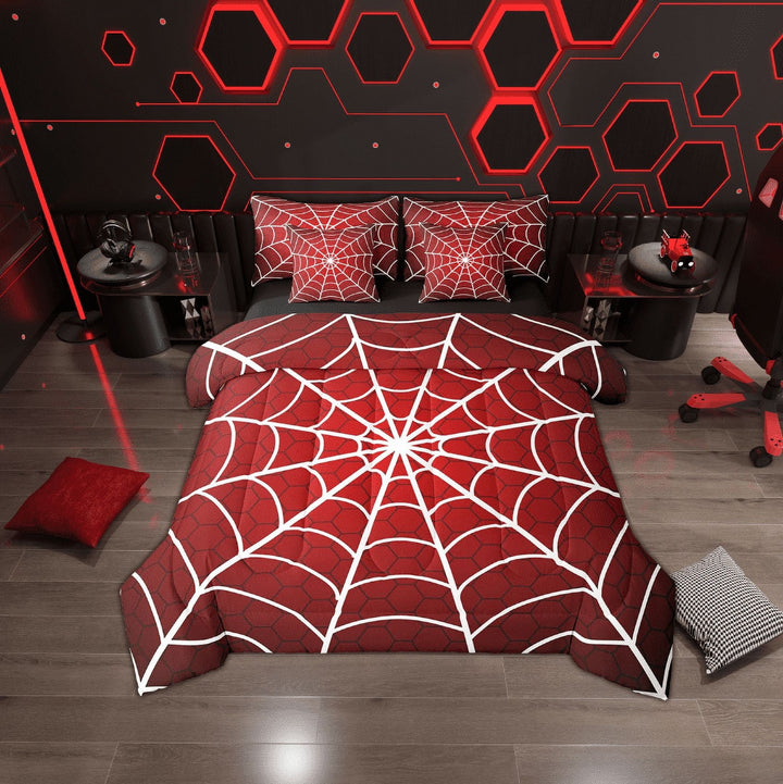 Erosebridal Red White Spider Web Bedding Twin Size, Happy Halloween Comforter Sets with Sheets, Reversible 7pcs