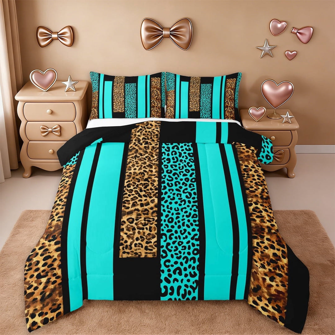 Erosebridal Cheetah Print Women Full Size Comforter Sets,Blue Leopard Striped Brown Animal Texture Bedding Sets For Adult,Reversible Black,3-Piece