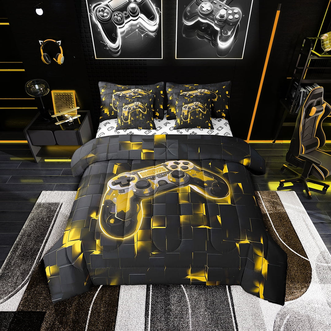 Boys Gamer Comforter Set 7-Piece Twin Size Fluorescent Yellow Gamer Bedroom Comforter Set with Sheets, 3D Cool Black Video Gaming Controller Bedding with Pillow Cases and Throw Pillow Covers