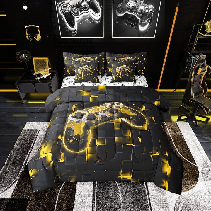 Boys Gamer Comforter Set 7-Piece Twin Size Fluorescent Yellow Gamer Bedroom Comforter Set with Sheets, 3D Cool Black Video Gaming Controller Bedding with Pillow Cases and Throw Pillow Covers