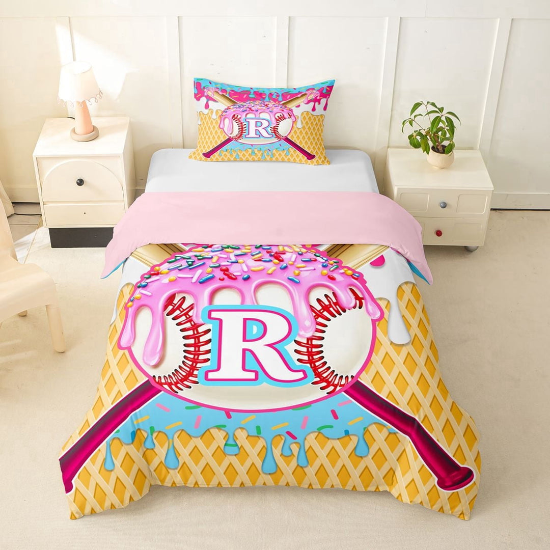 Erosebridal Girls R Letter Monogrammed Ice Cream Drip Dessert Twin Bedding,Sport Theme Baseball Duvet Cover Set For Boys Teens,Pink Reversible,2pcs,No Comforter