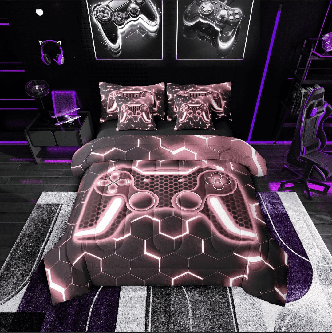 Erosebridal Teens Gaming Bedding Sets Twin Size,Video Gamer Comforter Sets with Sheets,Honeycomb Bedroom Decor,Reversible,Breathable,7-Piece