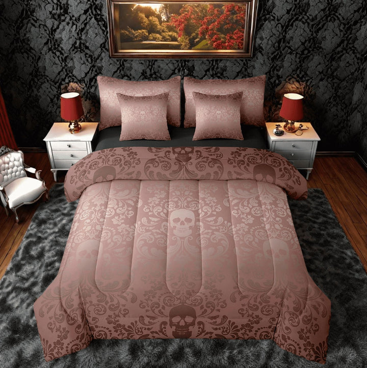 Damask Gothic Bedding Set Adults Antique Victorian Bed in a Bag King Size Comforter Set 7 Pieces,Beige Red Sugar Skull Sheet Set Vintage Floral Goth Bed Set,Exotic Bone Skeleton Bohemian Decor